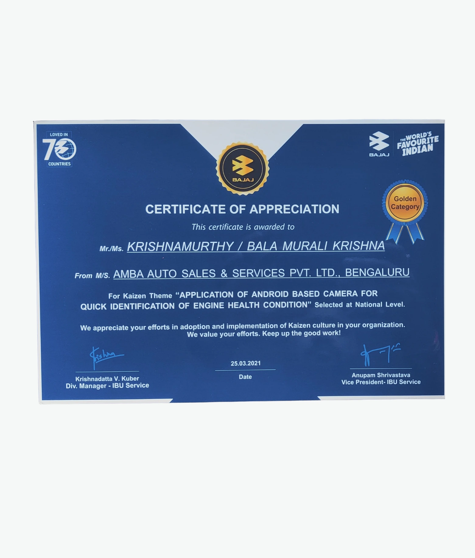 Selected at national level for adoption and implementation of Kaizen culture in the organization