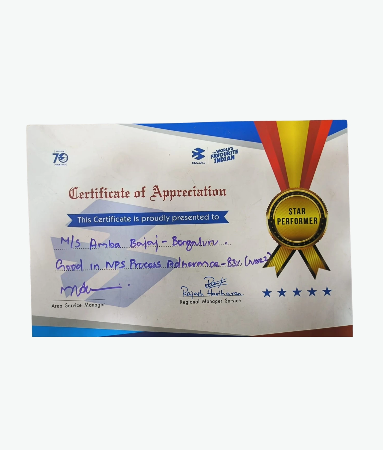 Star Performer in NPS Process Adherance